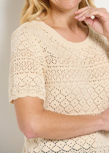 Pull manches courtes blousant ajouré col rond Ficelle