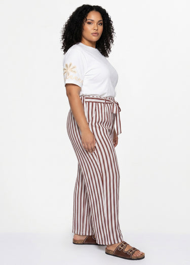 Pantalon rayé ceinturé, fils métallisés Marron/Ecru