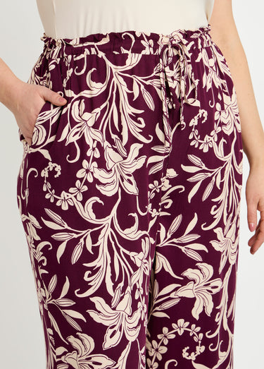Pantalon taille élastiquée, motif fleuri Bordeaux/Beige