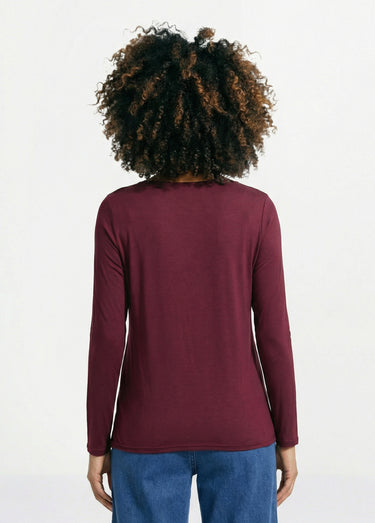T-shirt court dentelle col V manches longues Prune