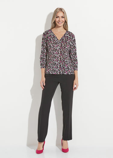 T-shirt court col V manches 3/4 imprimé feuilles Ecru/Rose