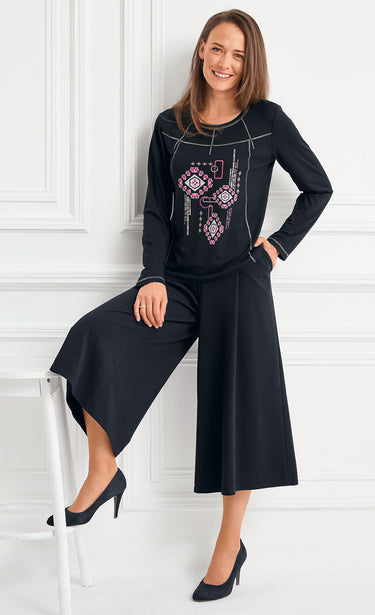 Tunique manches longues motif et strass Noir