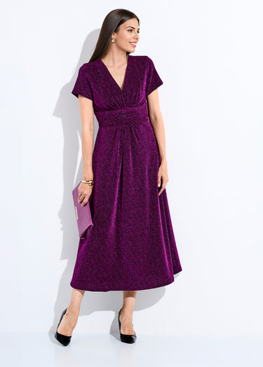 Robe longue brillante col V smockée dos Rose