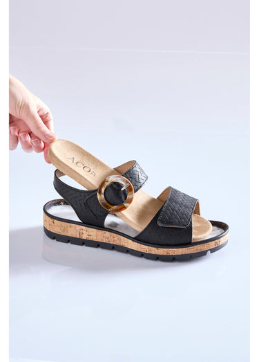 Sandales compensées cuir effet tressé ouverture totale Noir