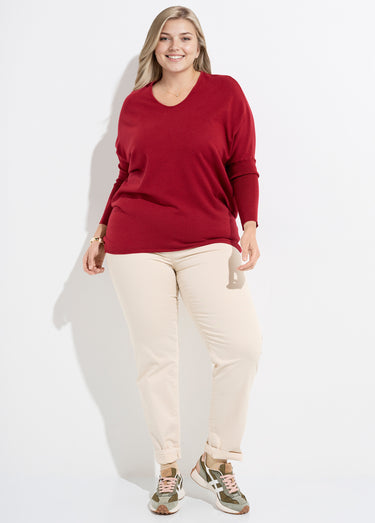 Pull maille fine jauge épaules descendues Rouge