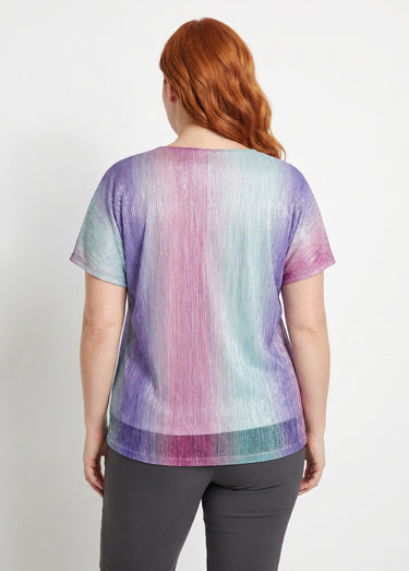 T-shirt court brillant col V effet plissé Rose/Aqua