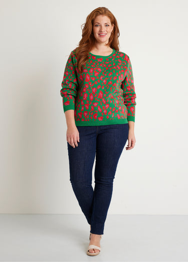 Pull motif léopard col rond Vert