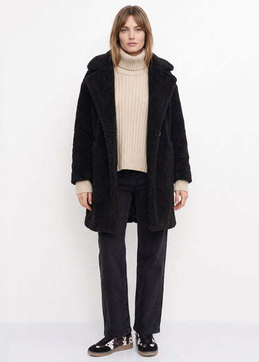 Manteau tissu bouclette mi-long boutonné Noir