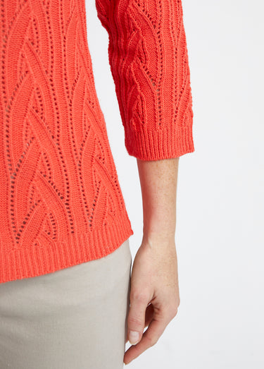 Pull col V manches 3/4 maille ajourée Orange