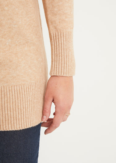Pull tunique chiné long col V avec laine Sable