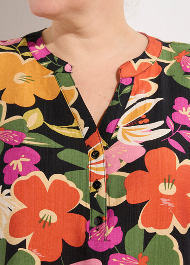 Blouse encolure V motif fleuri vif Multicolore/fond noir