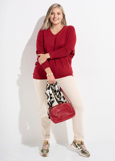 Pull maille fine jauge épaules descendues Rouge