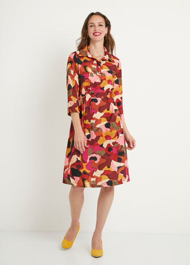 Robe droite courte imprimée col chemisier Rose/Marron