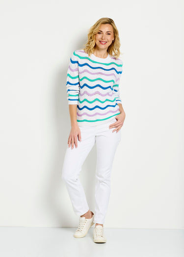 Pull doux col rond reliefé rayé point mousse Fond Ecru