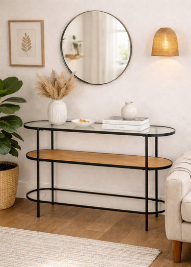 Console ovale chic métal, bois et verre Naturel
