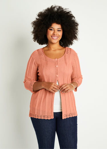 Cardigan boutonnée long ajouré Abricot