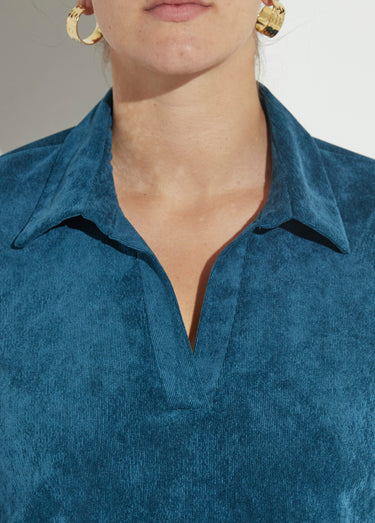 Robe trapèze col V et velours milleraies Emeraude