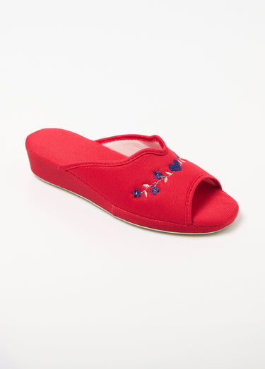 Chaussons mules brodées, talon compensé Rouge