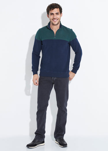 Pull bicolore doux, col montant 1/2 zip Vert