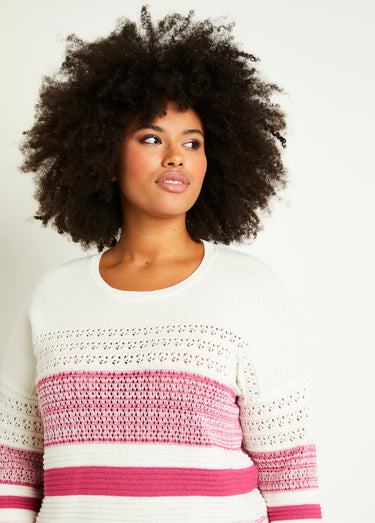 Pull ajouré manches 3/4 coton Fuchsia