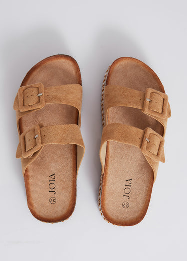 Mules compensées fantaisie à boucles Camel