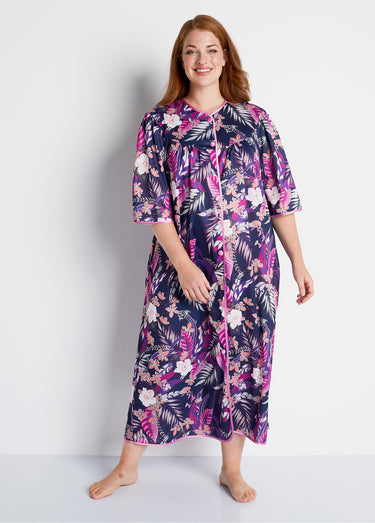 Peignoir long satiné fleuri boutonné Imprime Violet
