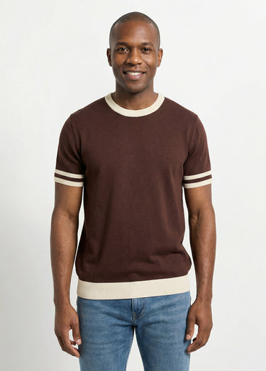 Pull manches courtes détails bicolores Marron