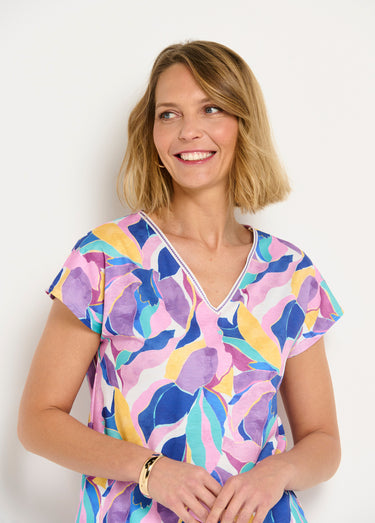 T-shirt court col V brillant imprimé Parme/Jaune