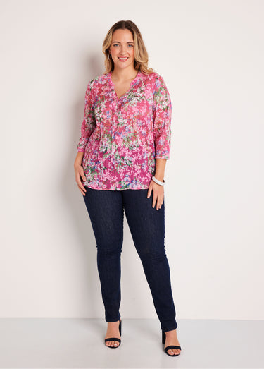 Tunique ample manches 3/4 fleurie Fond Fuchsia