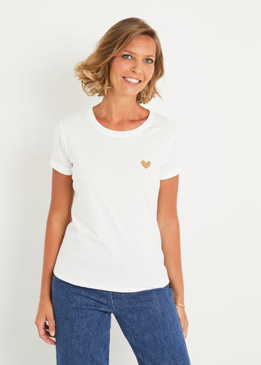 T-shirt col rond broderie coeur poitrine Blanc