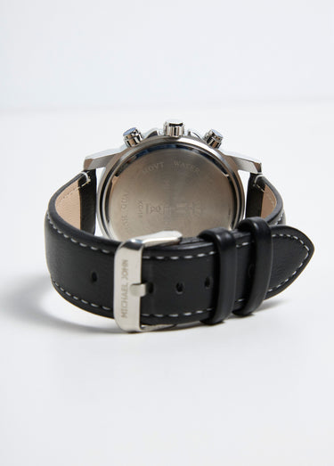 Montre ronde chronographe acier inox et cuir Noir