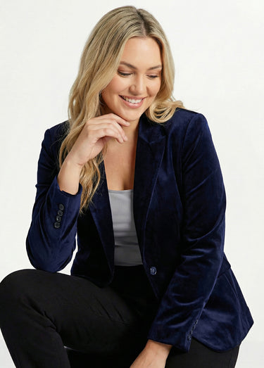 Veste blazer droite velours uni col tailleur Marine