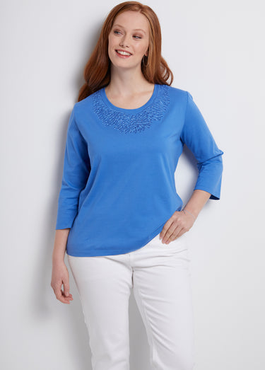 T-shirt manches 3/4 col brodé clouté Bleu