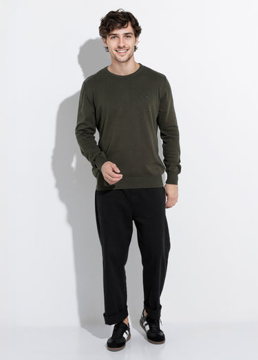 Pull fin coton, col rond manches longues Kaki