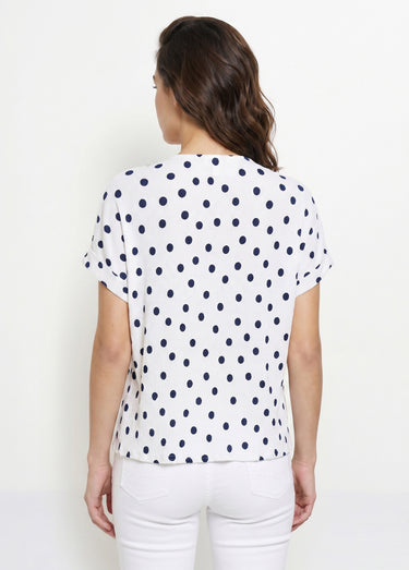 T-shirt ample imprimé pois col V Blanc/Marine