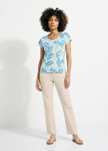T-shirt manches courtes imprimé feuillage col rond Vert/Jaune