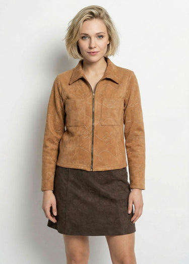 Veste zippée style motard, simili cuir Camel