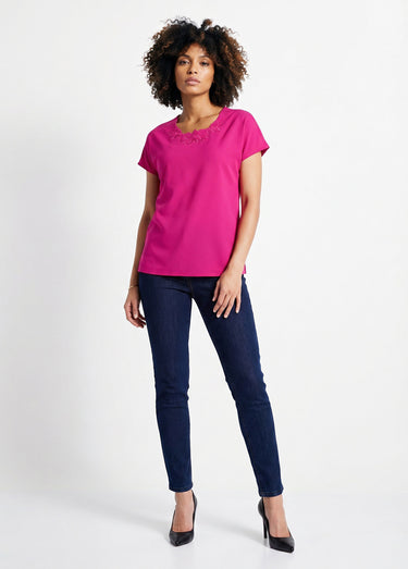 Top long manches courtes broderies col rond Fuchsia