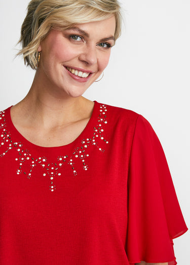 Tee-shirt bi-matière manches 3/4 papillon Rouge