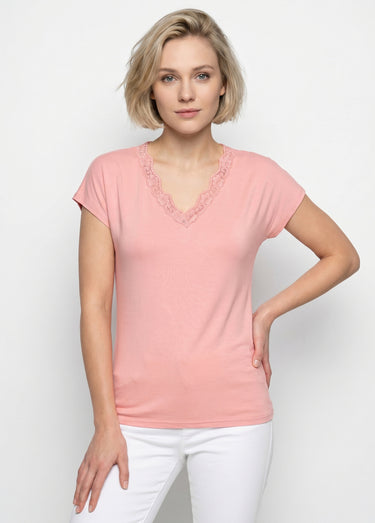 T-shirt court extensible dentelle Rose