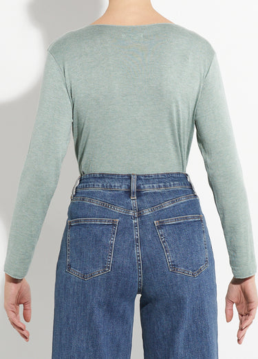 Pull fin avec angora et laine, col V Vert Amande