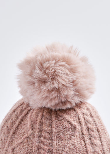 Bonnet à côtes et pompon, avec laine Rose