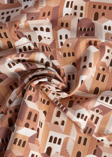 Coupon tissu déco motif maisons 2x1,4m Brique