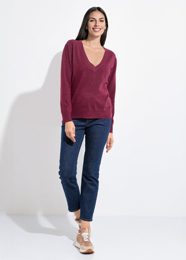Pull col V doux et chaud avec laine Bordeaux