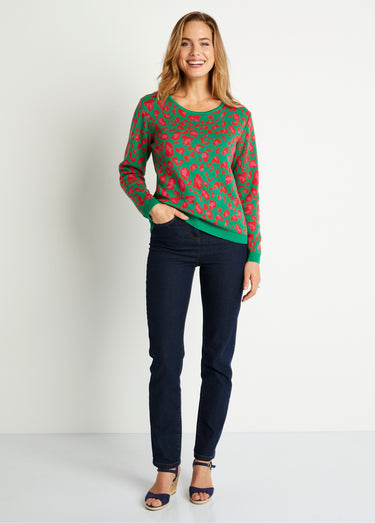 Pull motif léopard col rond Vert