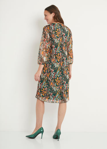 Robe courte dentelle plissée imprimée col V Vert/Jaune