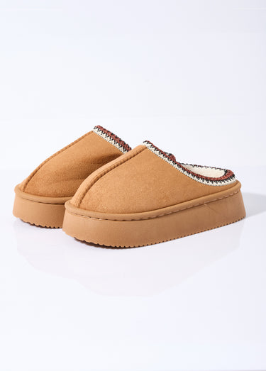 Mules suédine compensées, galon brodé Camel