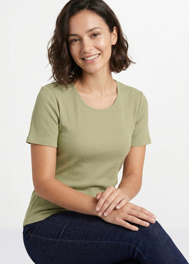 T-shirt coton côtelé col rond Kaki