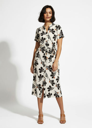 Robe-chemisier mi-longue ceinturée imprimée Blanc / Noir