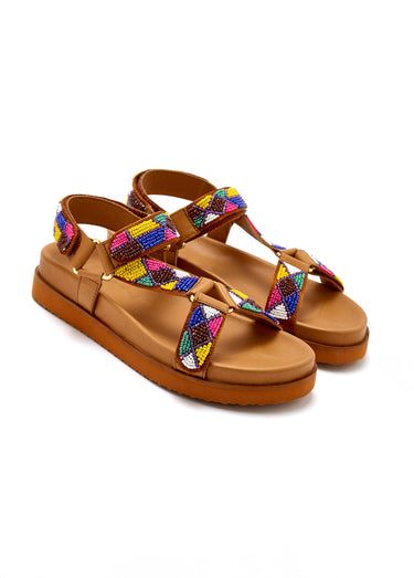 Sandales semelle ergonomique brides avec perles Marron